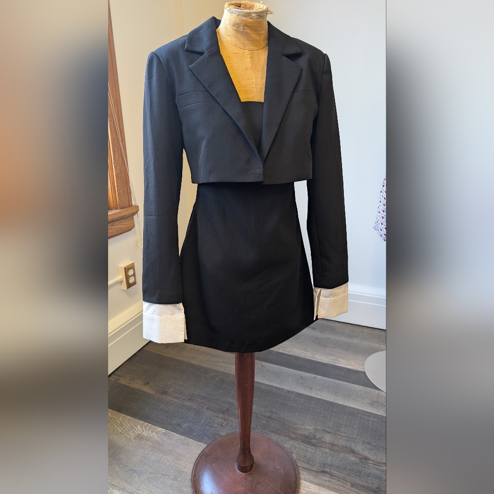 Phoebe Mini Black Dress With Matching Crop Blazer. Size XS